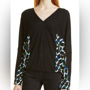 DIANE VON FURSTENBERG / NWT
Mia Print Blouse - Black/ Knit Geo